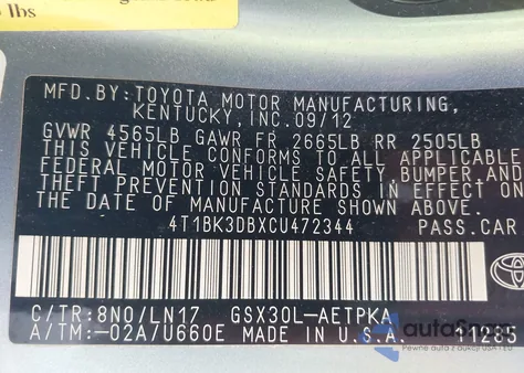 2012 Toyota Avalon Limited from USA, damaged, VIN 4T1BK3DBXCU472344